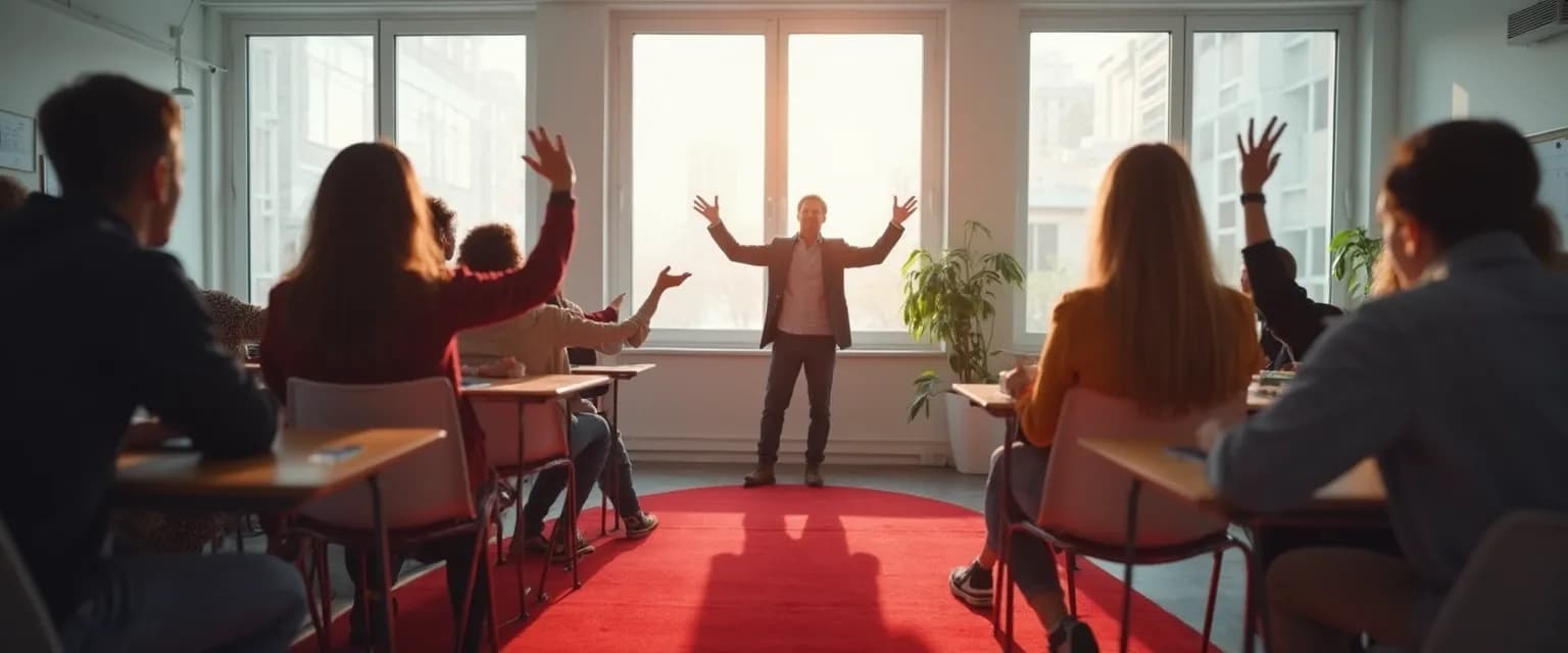 Teacher facilitating classroom discussion using self awareness TED talk techniques