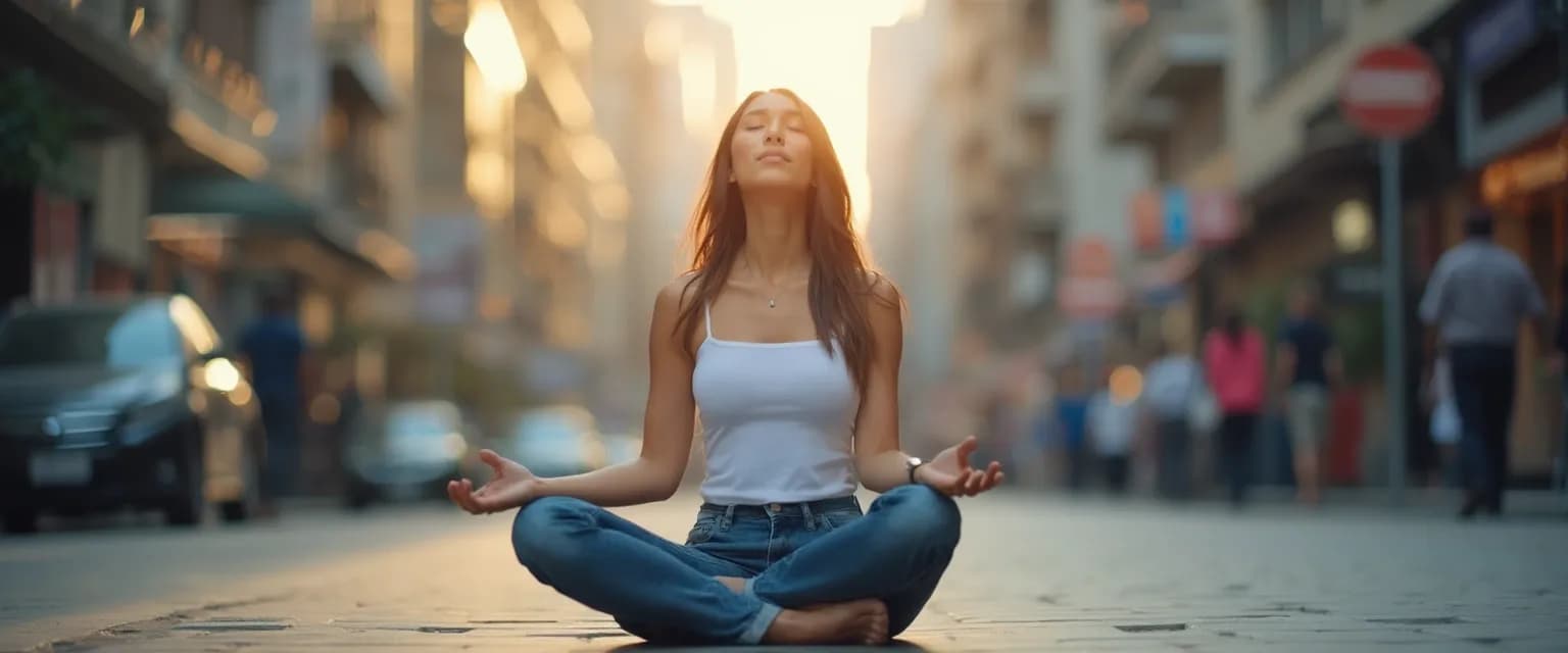 Person with a quiet mind meditating peacefully in a busy urban environment