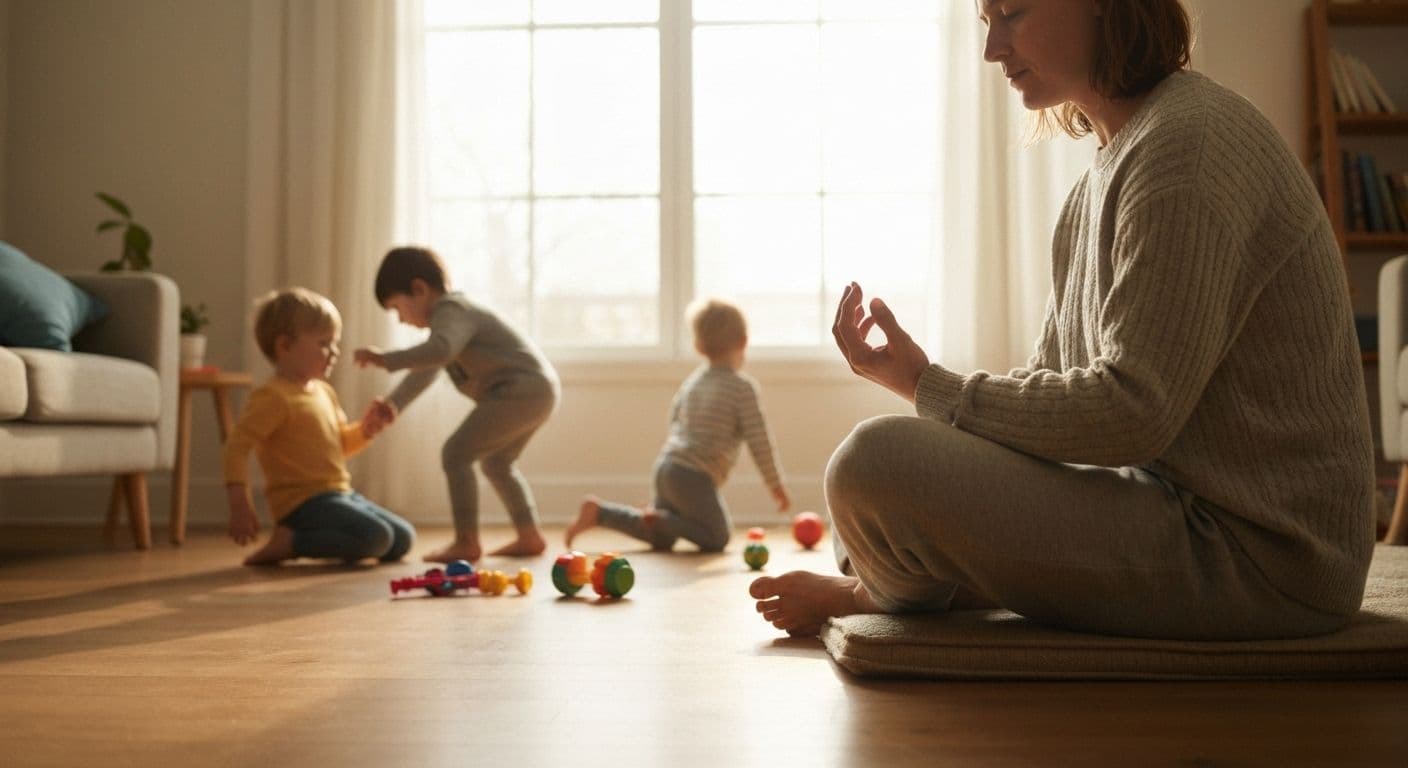 Busy parent practicing quick mindfulness exercises during chaotic morning routine with children