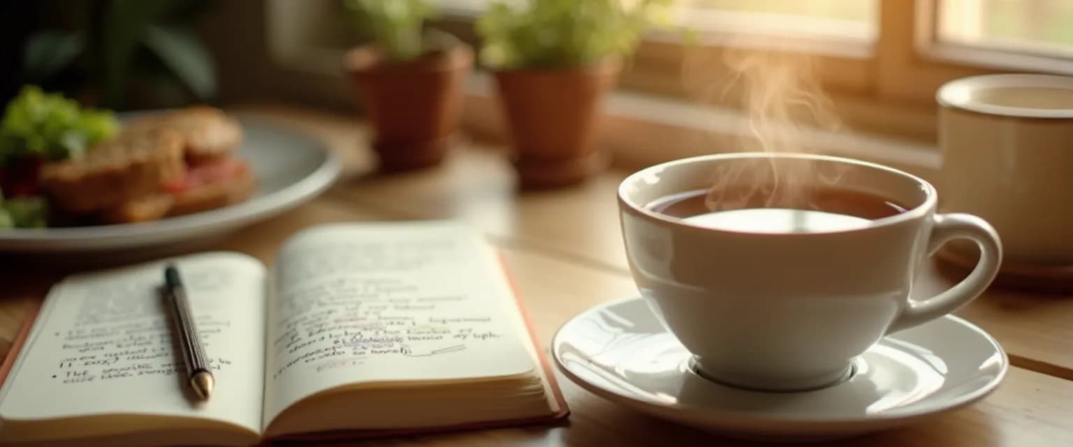 Professional using the mindfulness journal during lunch break for mental reset