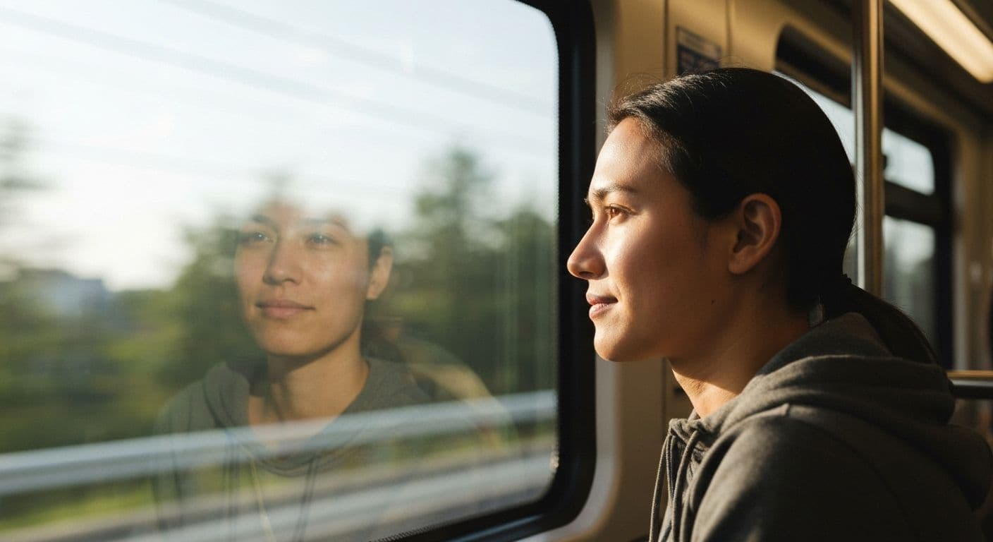 Person practicing mindful awareness during daily commute on public transportation