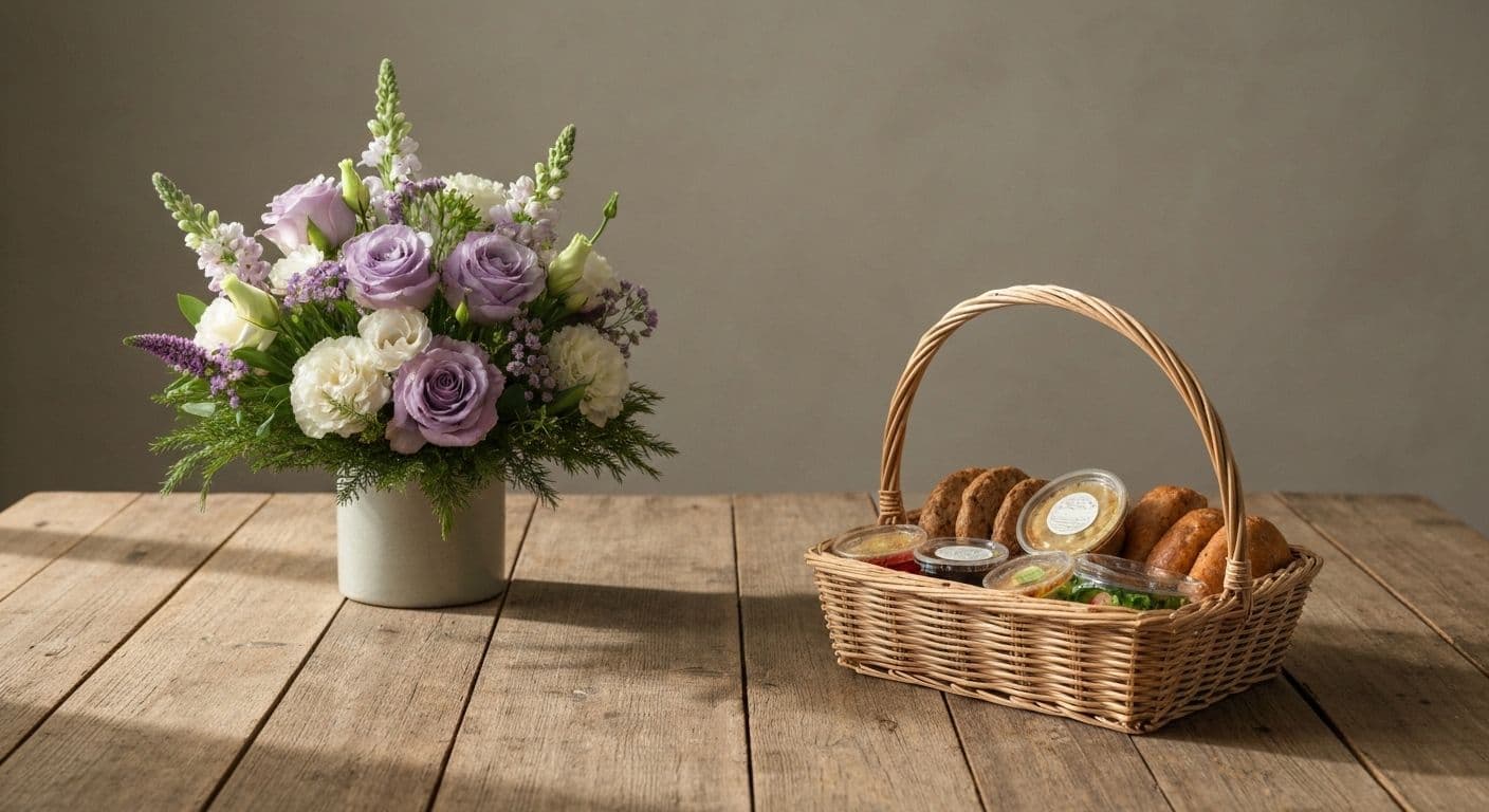 Compassionate comparison of what to send to a friend who lost a parent showing food basket and flower arrangement side by side