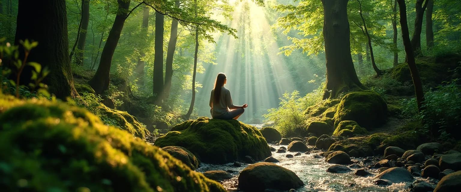 Person finding peace of mind through wilderness therapy in a forest setting