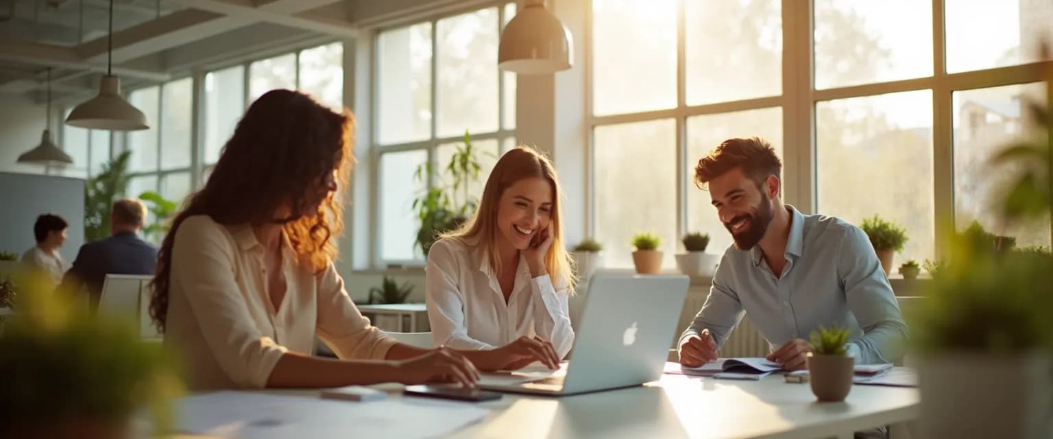 Professional woman demonstrating that happiness is a state of mind in a workplace setting