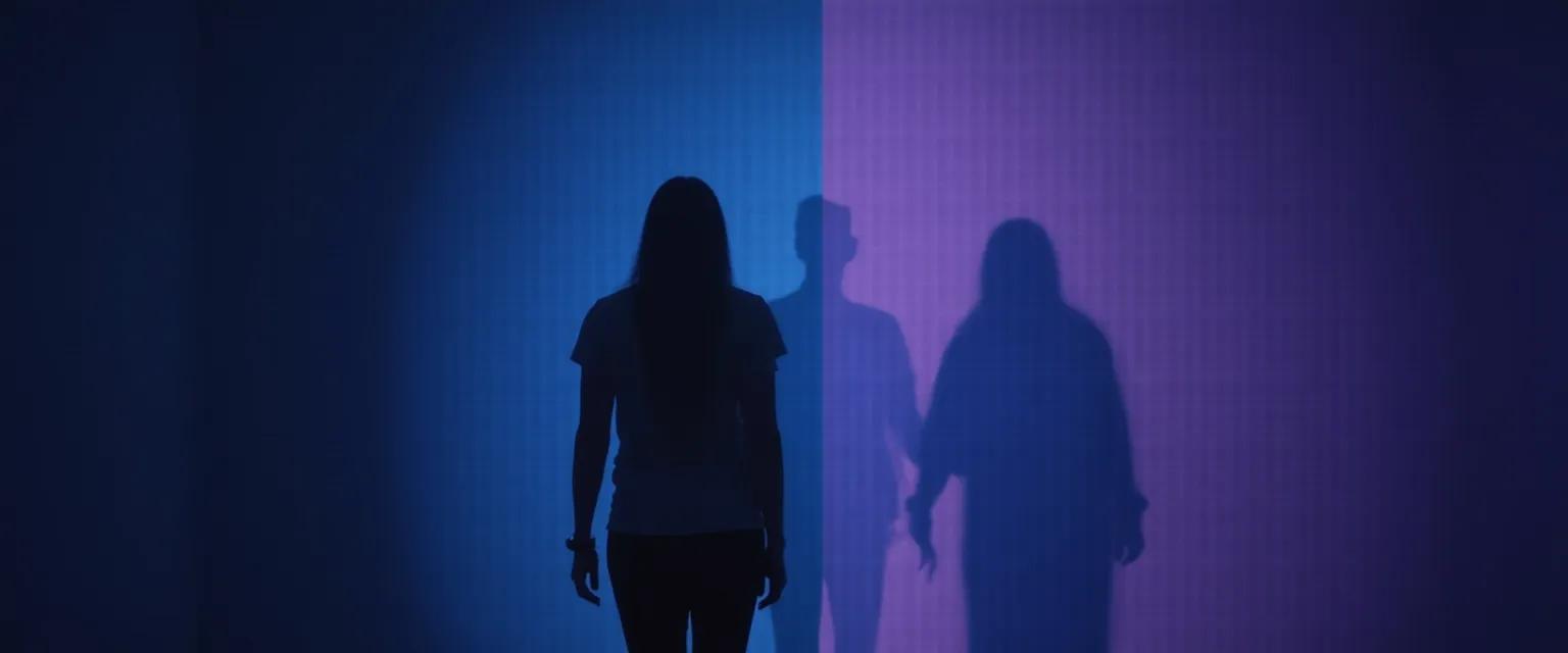 Person looking in mirror seeing different reflection representing self-awareness and self-knowledge conflict