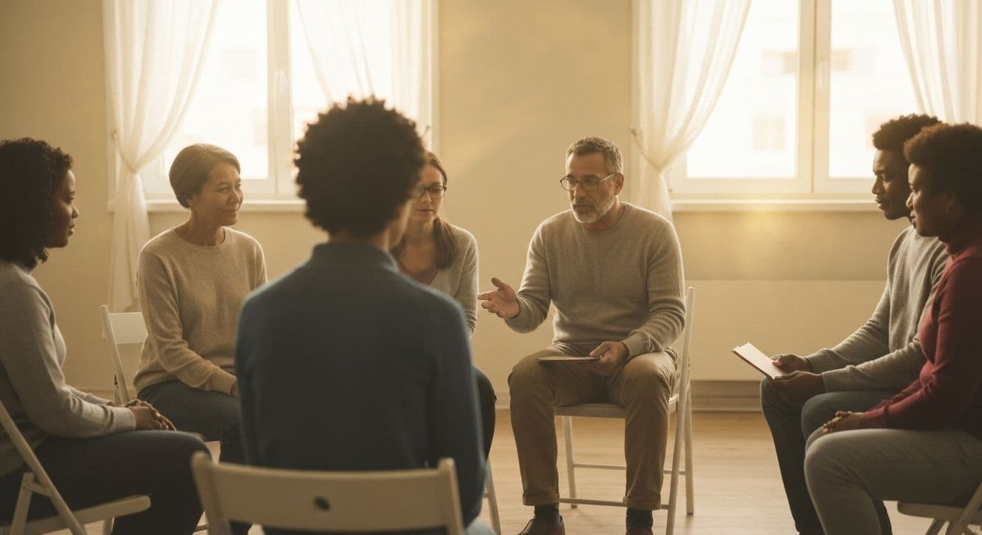 Person grieving a spouse finding support and connection in a compassionate community group setting