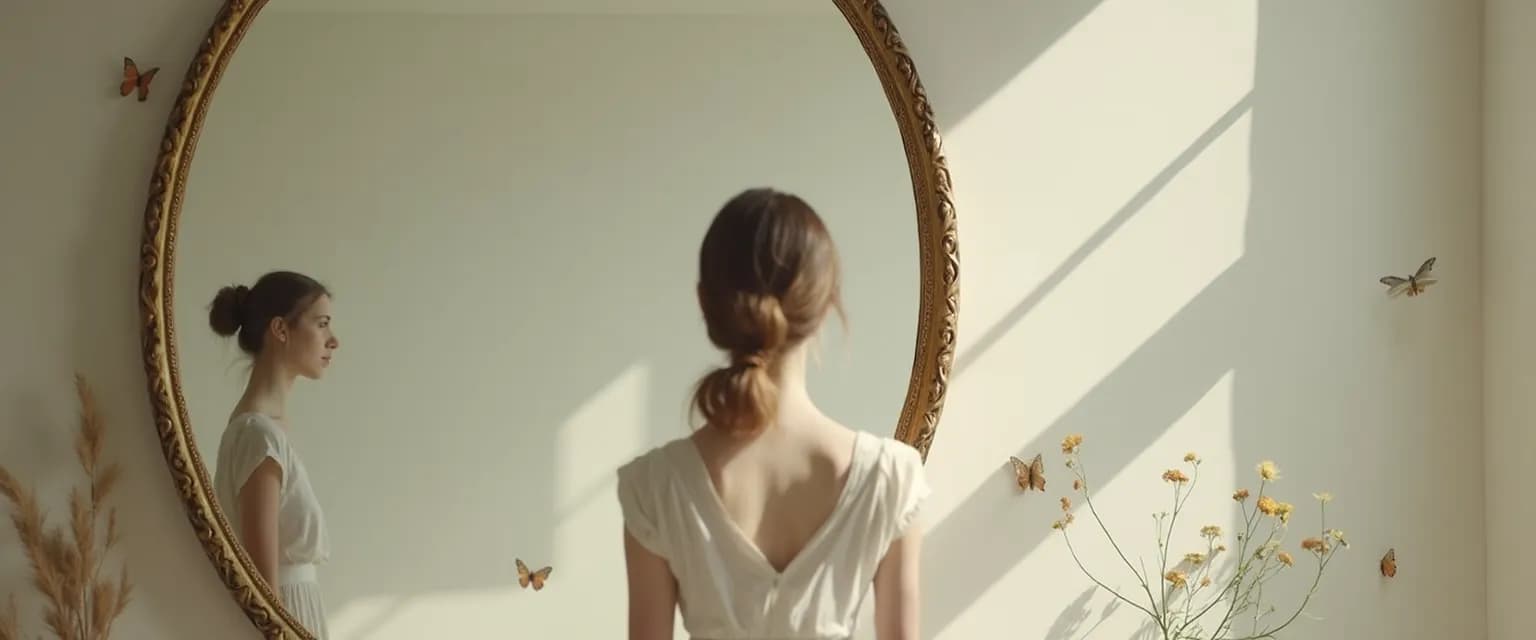 Person transforming self-consciousness into self-awareness through mirror reflection exercise
