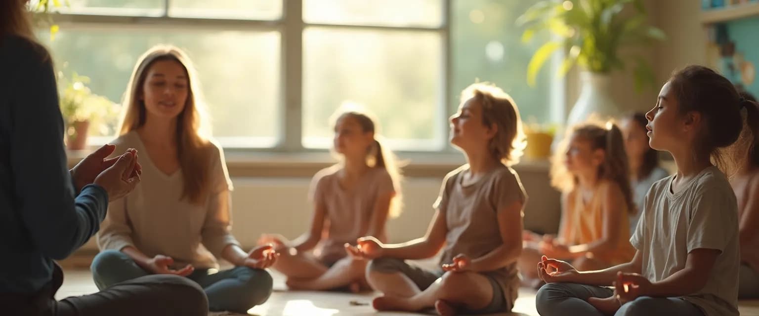 Teacher guiding students through mindfulness in schools during a classroom transition break