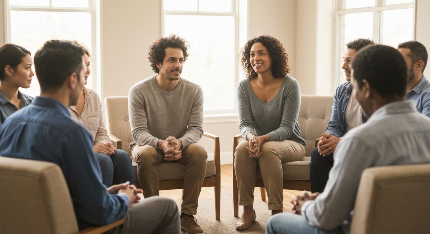 People in a supportive circle discussing schizophrenia and breakups in a mutual support group setting
