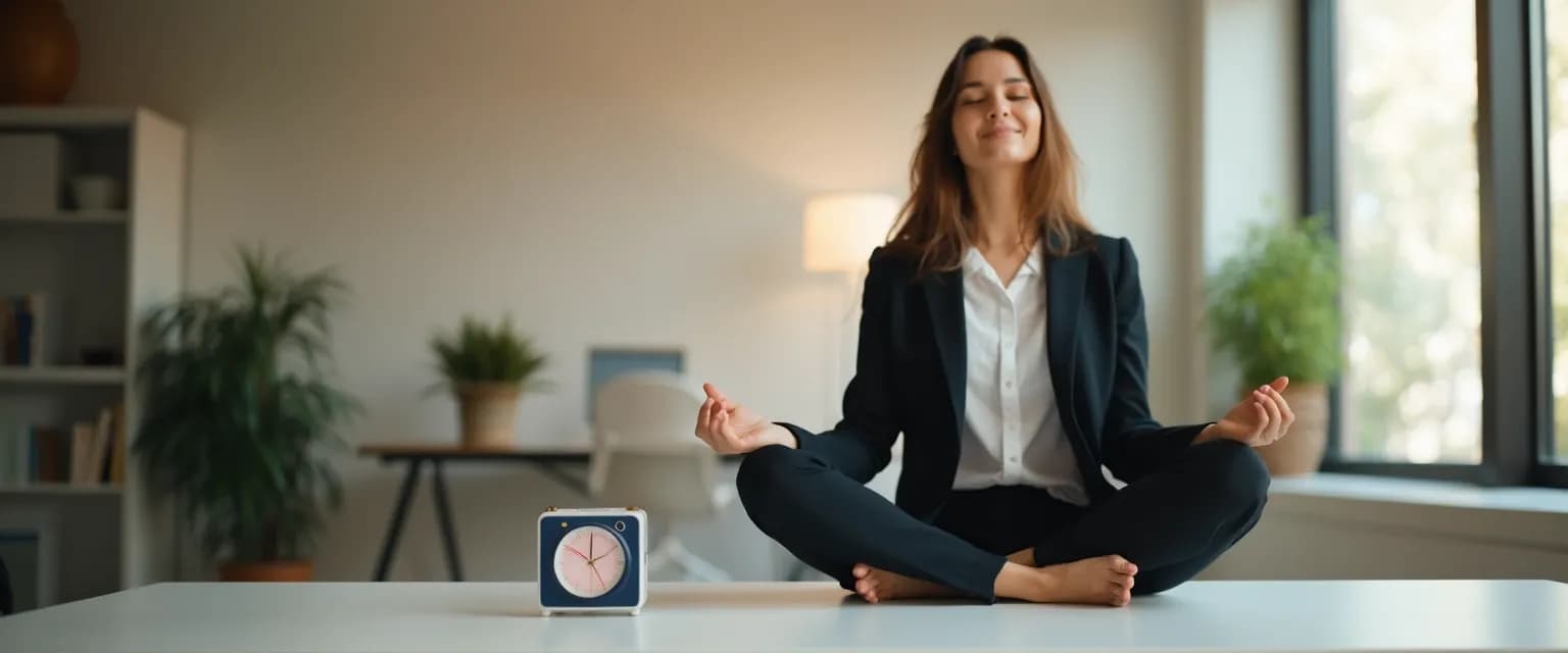 Professional practicing mindfulness based stress reduction (MBSR) exercise at desk