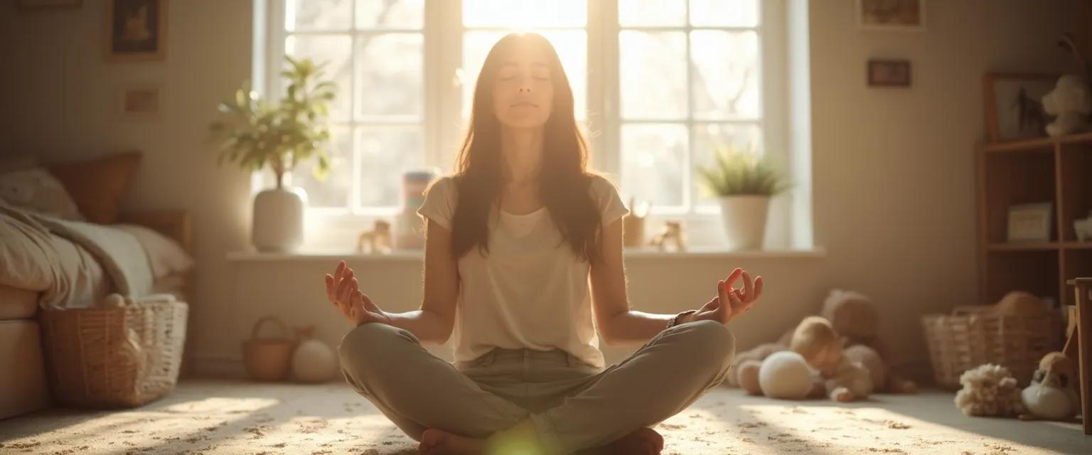 Parent practicing Sharon Salzberg meditation techniques while multitasking with children