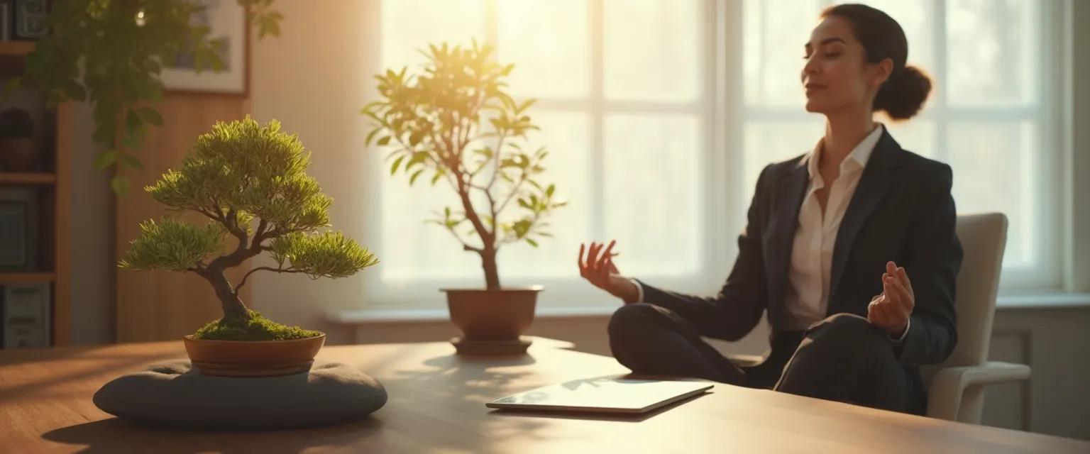 Professional practicing spiritual mind techniques during a busy workday