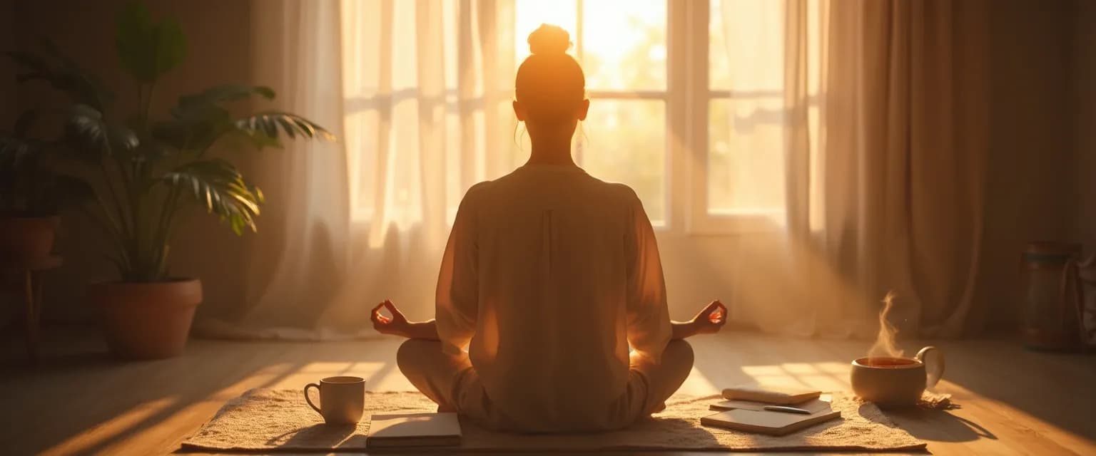 Person practicing daily rituals for a liberated mind in a peaceful setting