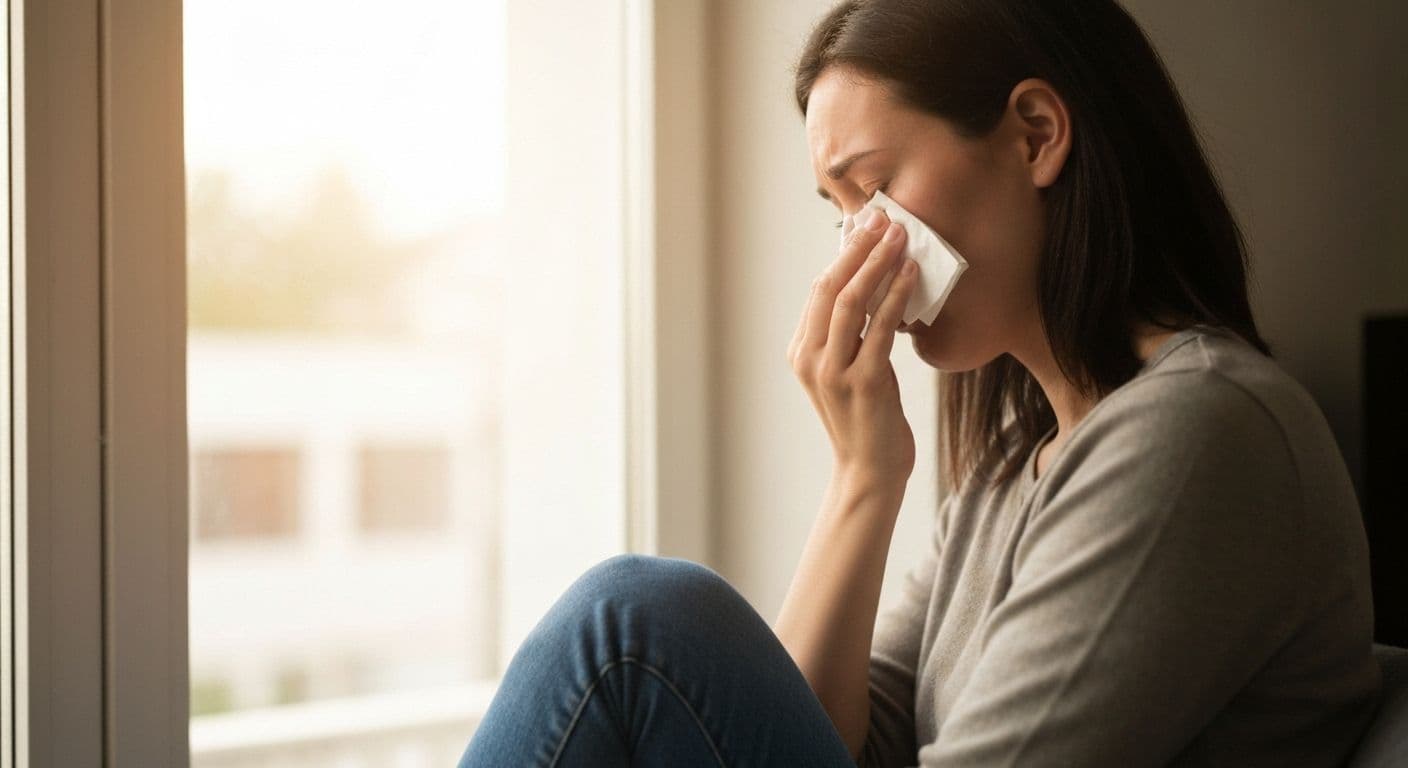 Person peacefully releasing emotions after breakup through healthy crying in a safe comfortable space