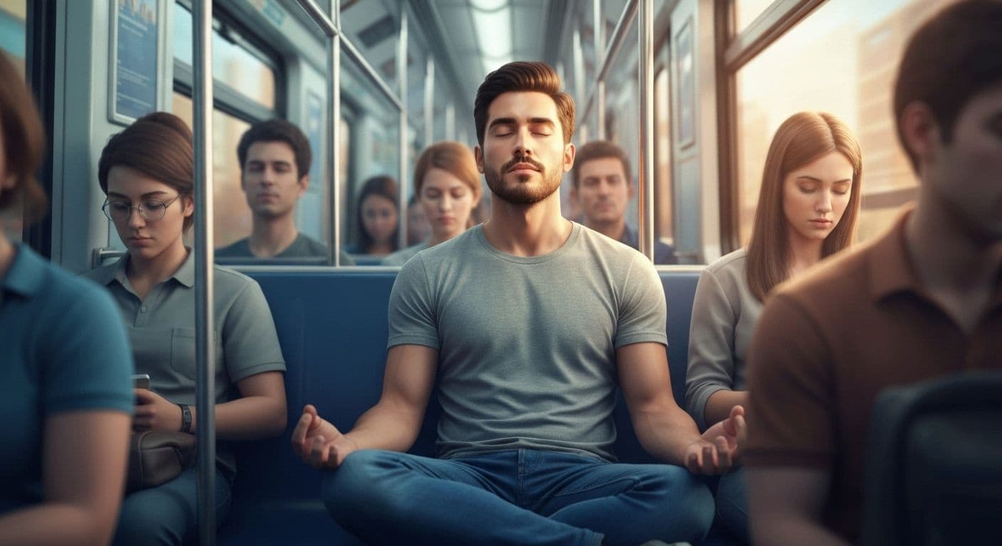 Person practicing mindfulness meditation exercises during morning commute on public transit