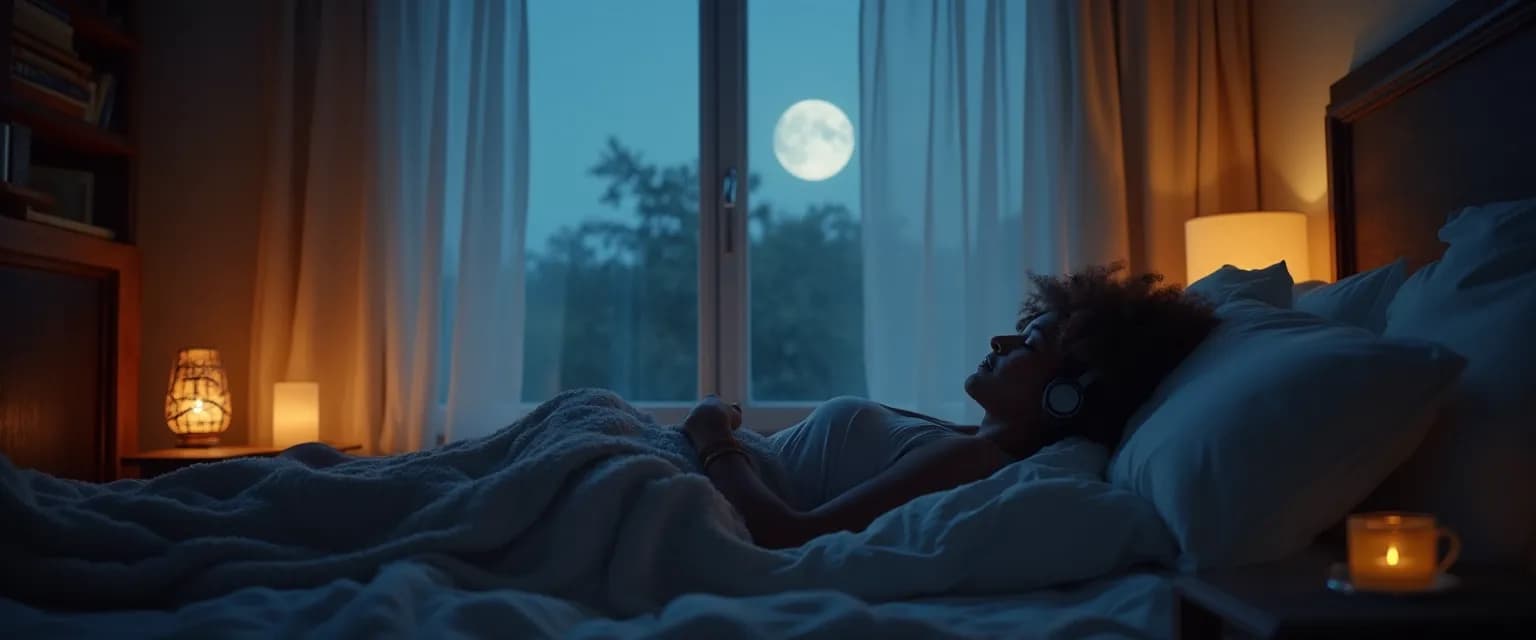 Person practicing mindful music listening in bed for better sleep