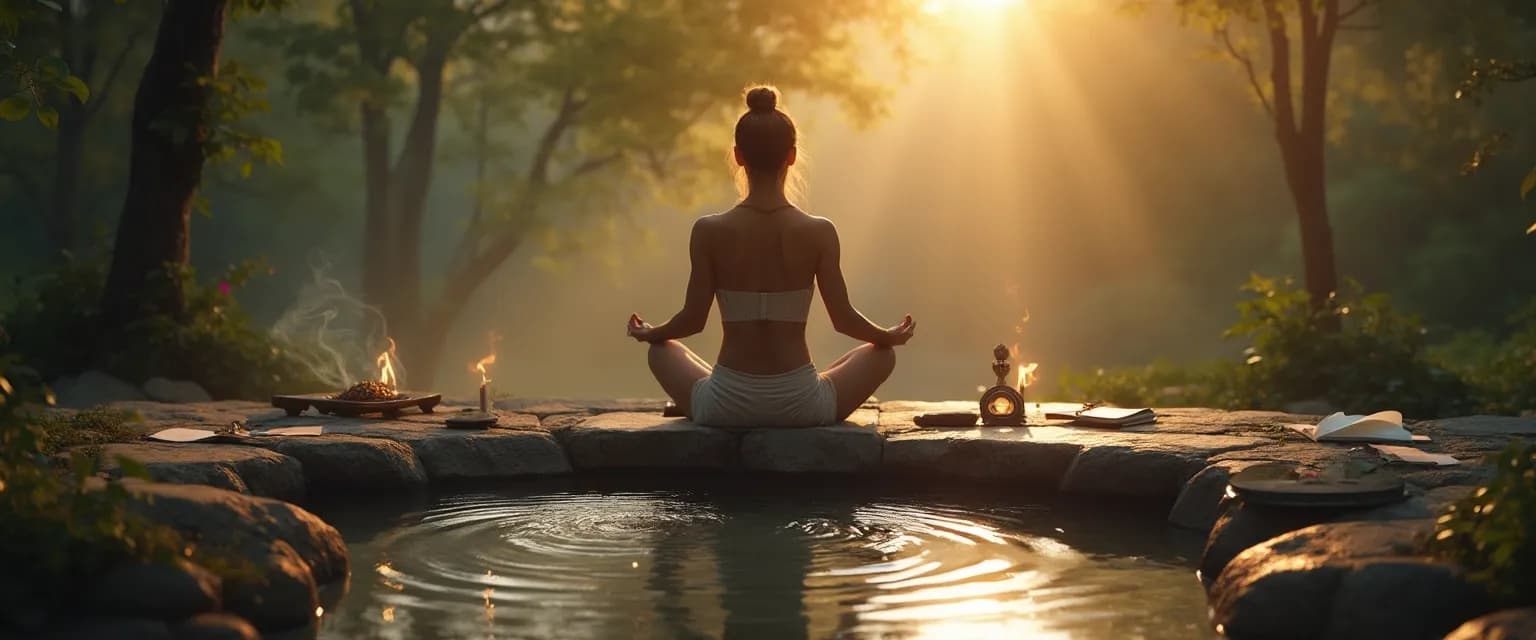 Person practicing spirituality and self-awareness through mindful ritual in natural setting