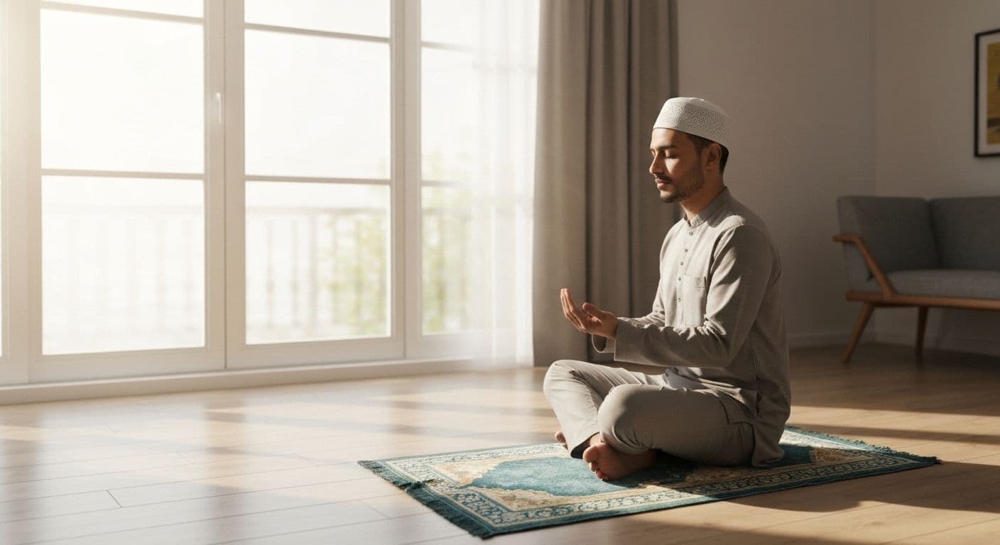 Muslim practicing self awareness Islam through taqwa and mindful prayer reflection