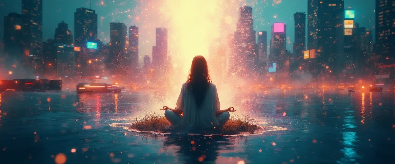 Person using unconventional techniques to quiet their mind in a busy environment