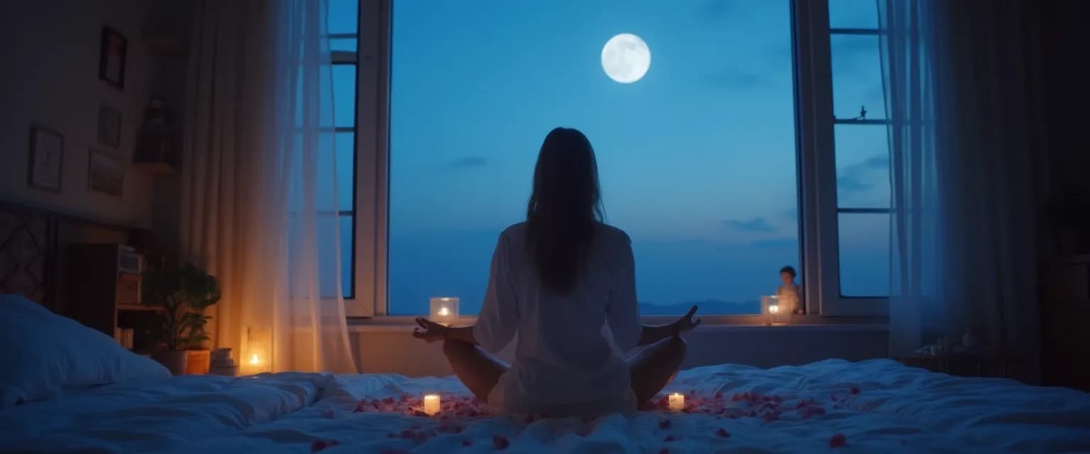 Person practicing grieving meditation techniques in bed for better sleep