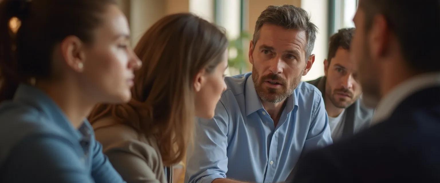 Person confidently expressing political views in a group discussion, demonstrating confidence during political engagement