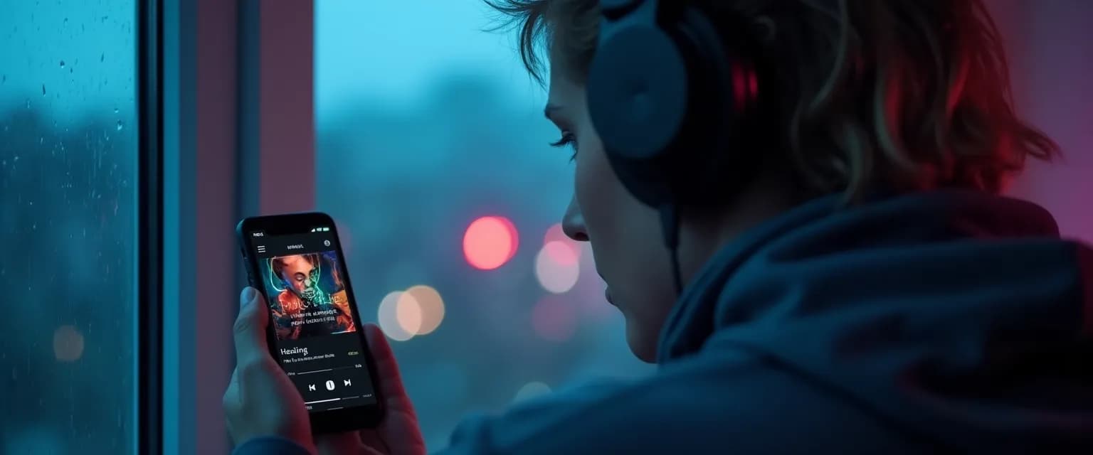 Woman listening to her surviving a breakup playlist with headphones while looking peaceful