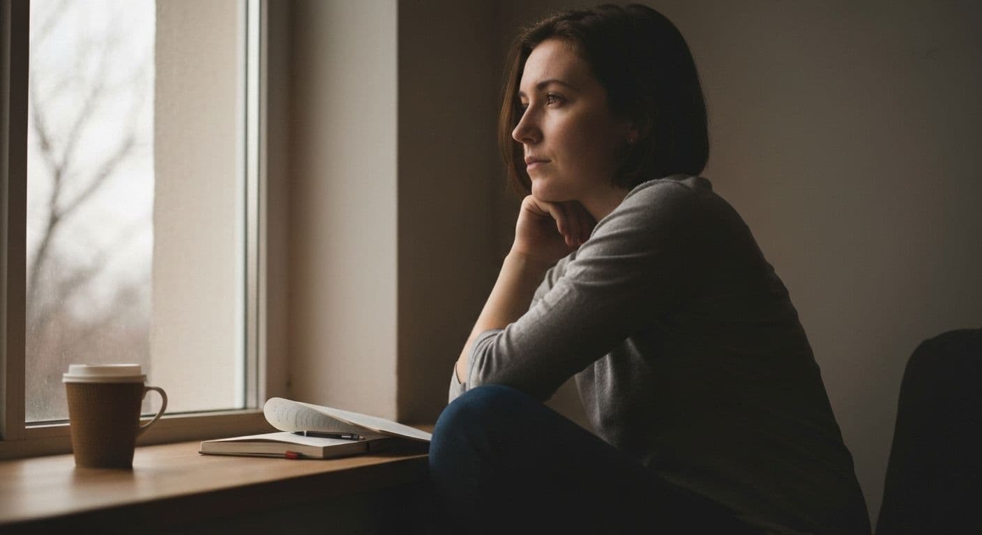Person reflecting on whether they need a breakup while looking thoughtfully out a window