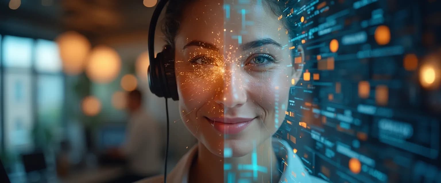 Customer service representative using emotional AI interface while speaking with a customer
