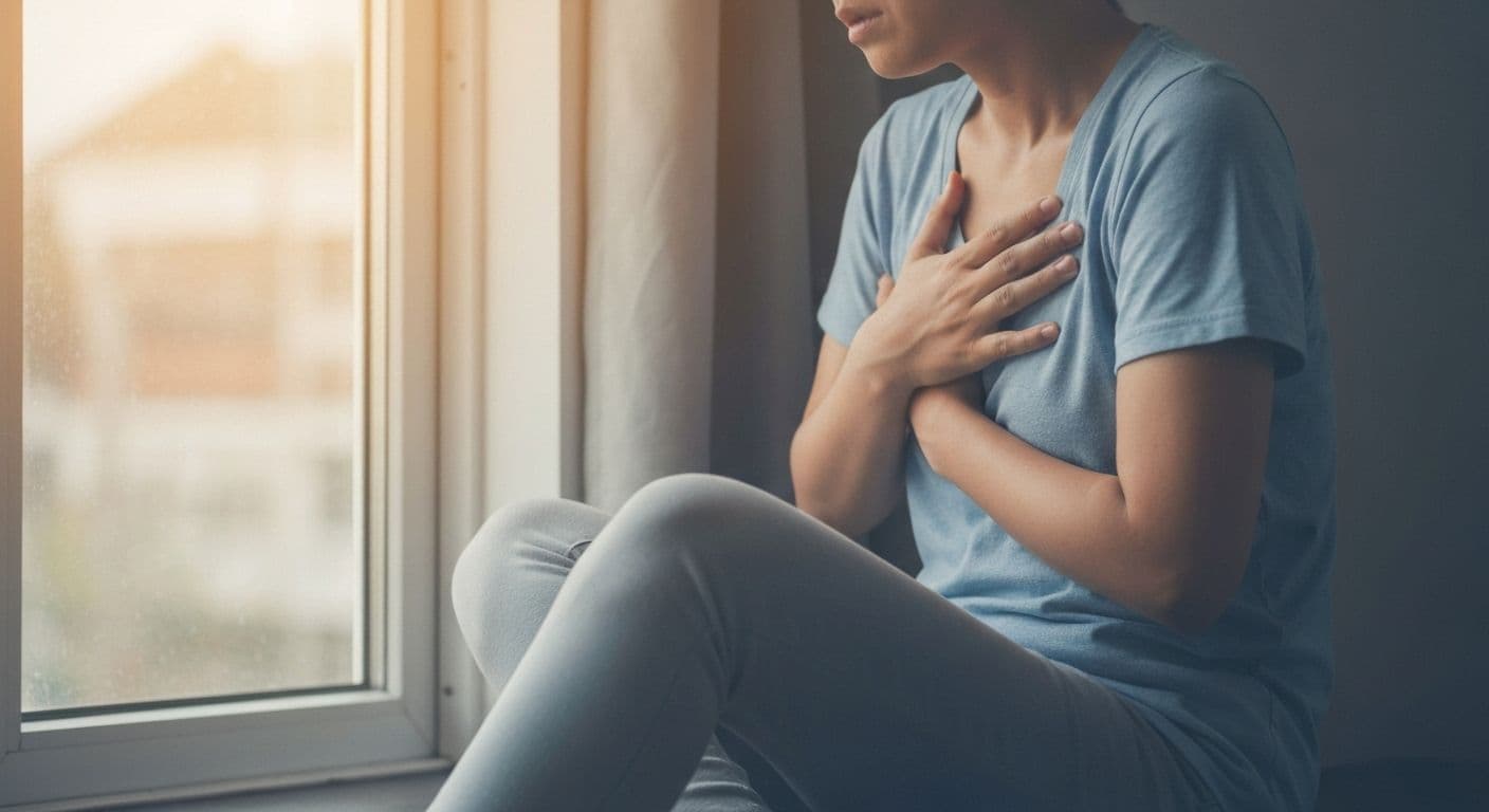 Person experiencing physical break up hurt with hand on chest showing the body-mind connection during heartbreak