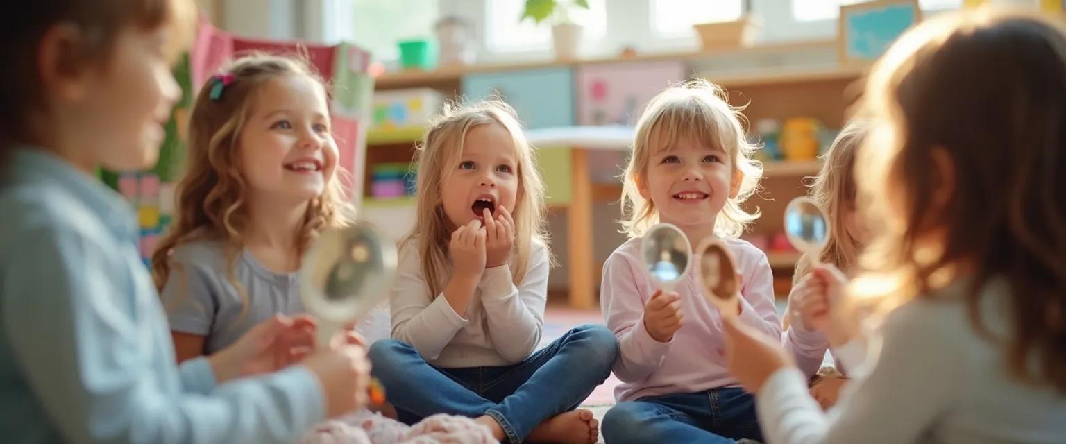 Kindergarten students practicing self-awareness with mirror games and emotion recognition activities