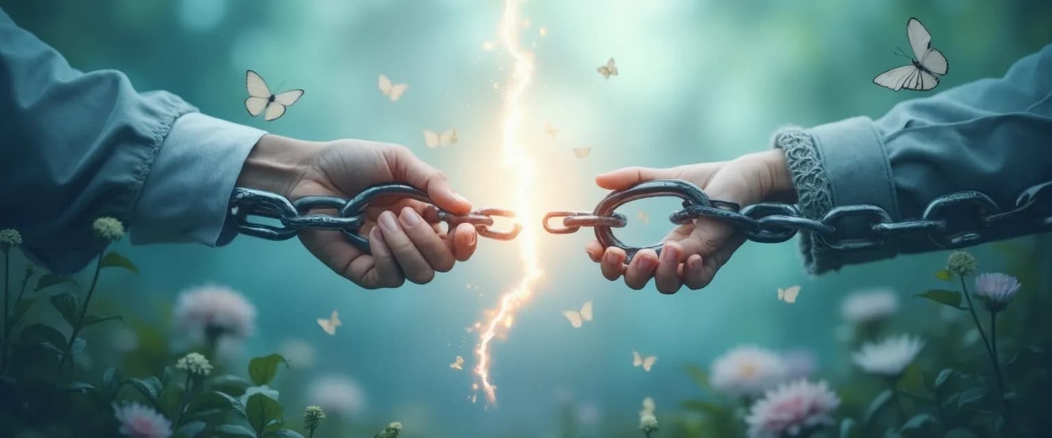 Person breaking free from anxiety and generational trauma chains illustration