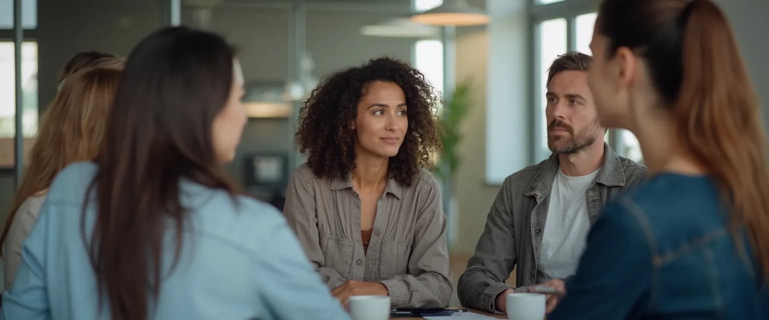 Professionals demonstrating self and social awareness examples in a workplace meeting