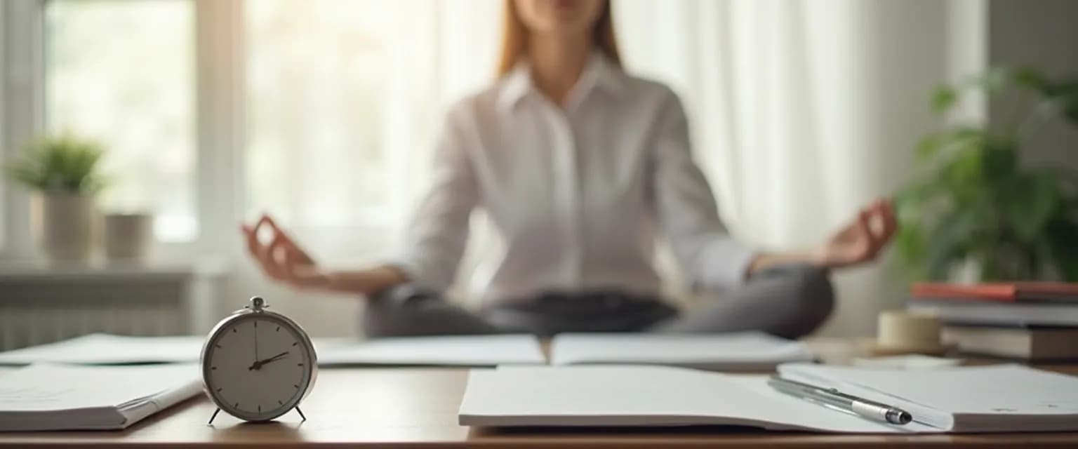Person practicing mindfulness for beginners with a 3-minute timer on desk
