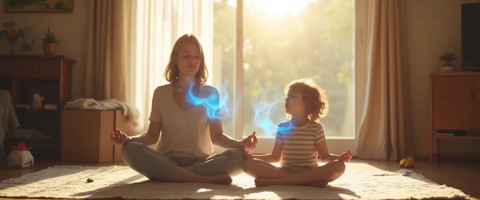 Parent and child practicing mindful breathing technique during a busy family moment