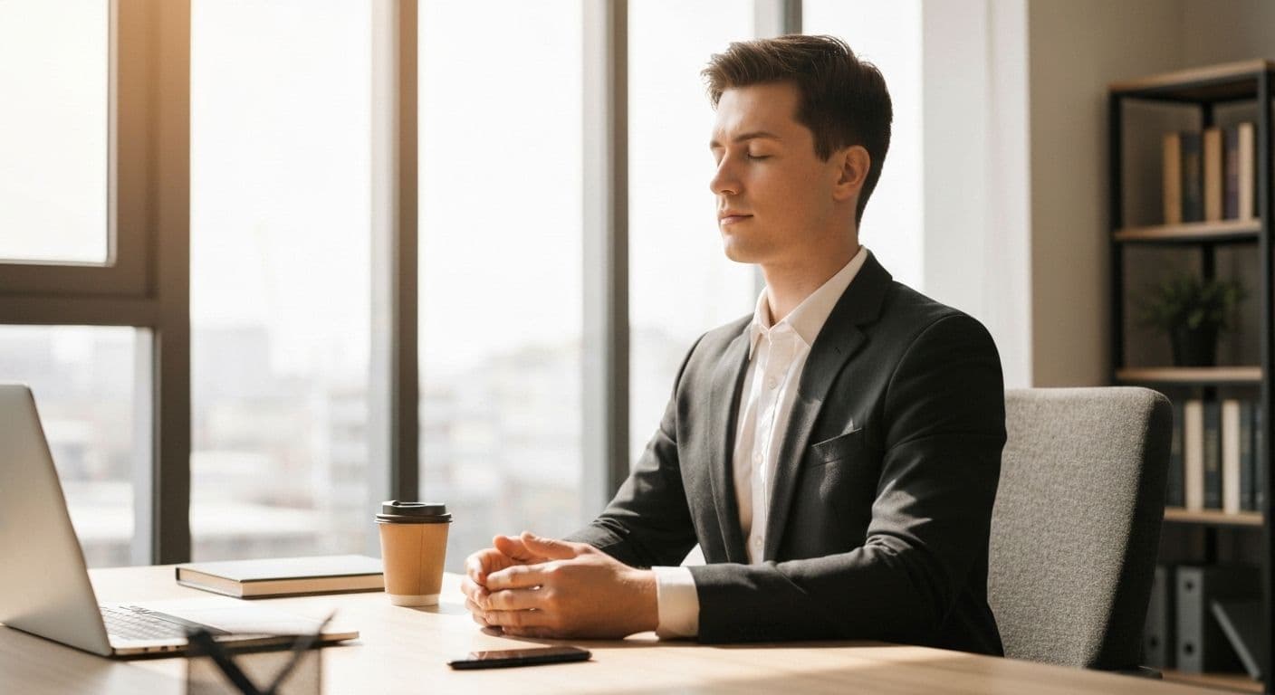 Busy professional practicing quick mindfulness exercises at desk during 90-second break
