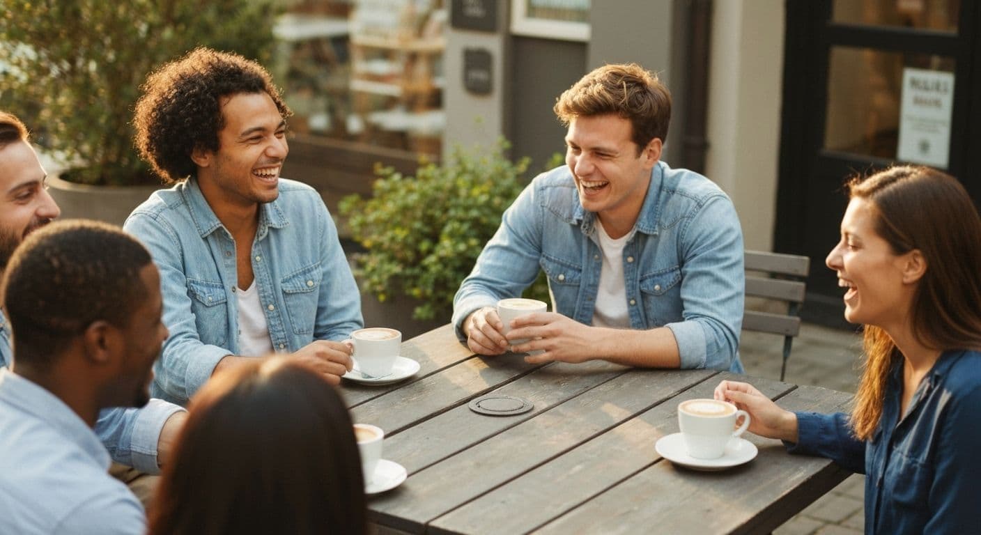 Person confidently engaging with new friends while coping with a breakup and rebuilding their social circle