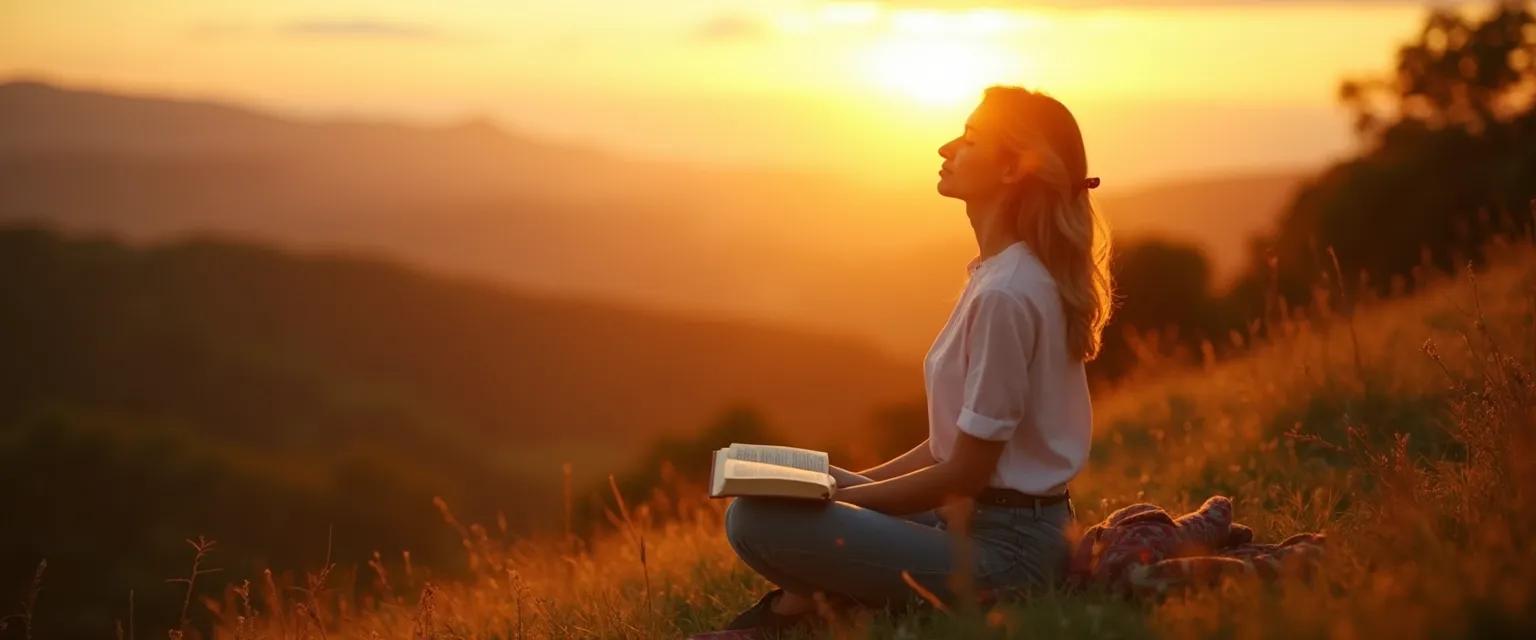 Woman practicing Christian mindfulness meditation with Bible and journal
