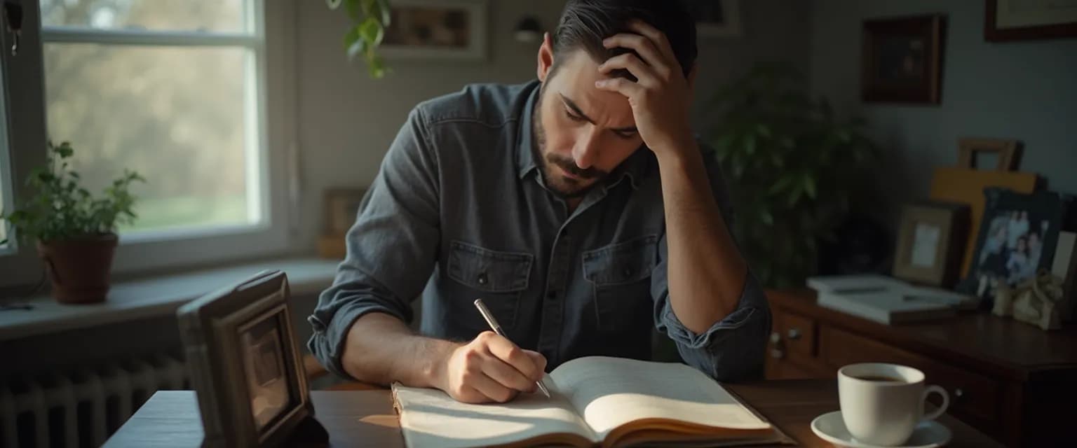 Man writing in journal using grief journaling prompts to process emotions
