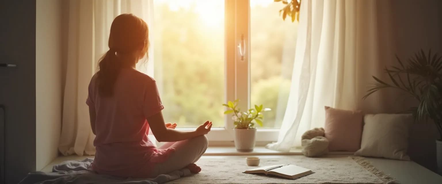 Caregiver practicing self-awareness rituals during care work to prevent emotional exhaustion