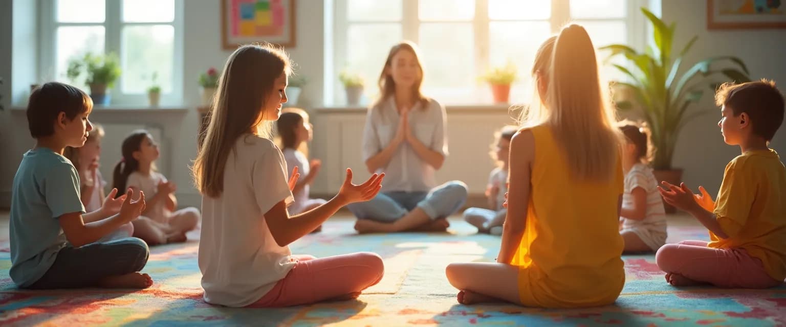 Teacher leading mindfulness in the classroom activity with engaged students