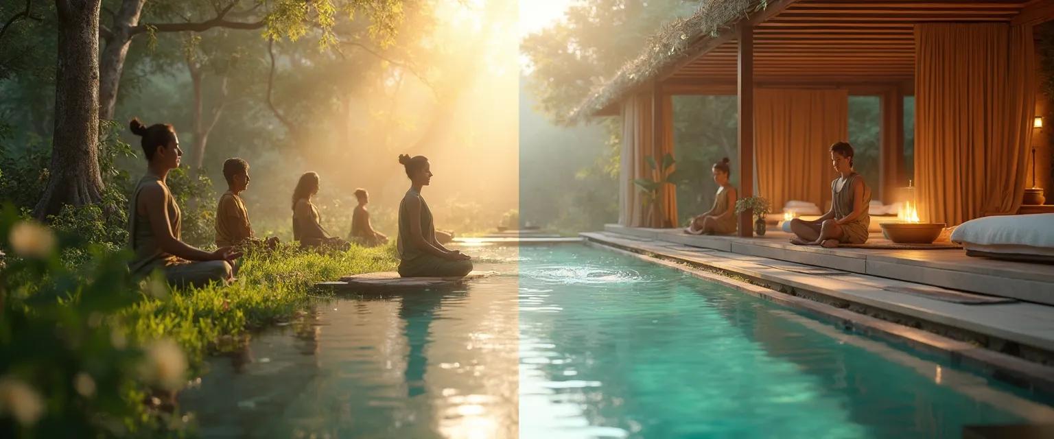 Person meditating at a mindfulness retreat surrounded by nature