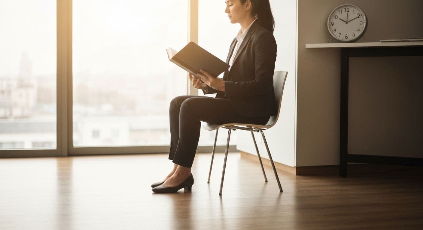 Professional practicing self-awareness guided meditation during a brief work break at desk