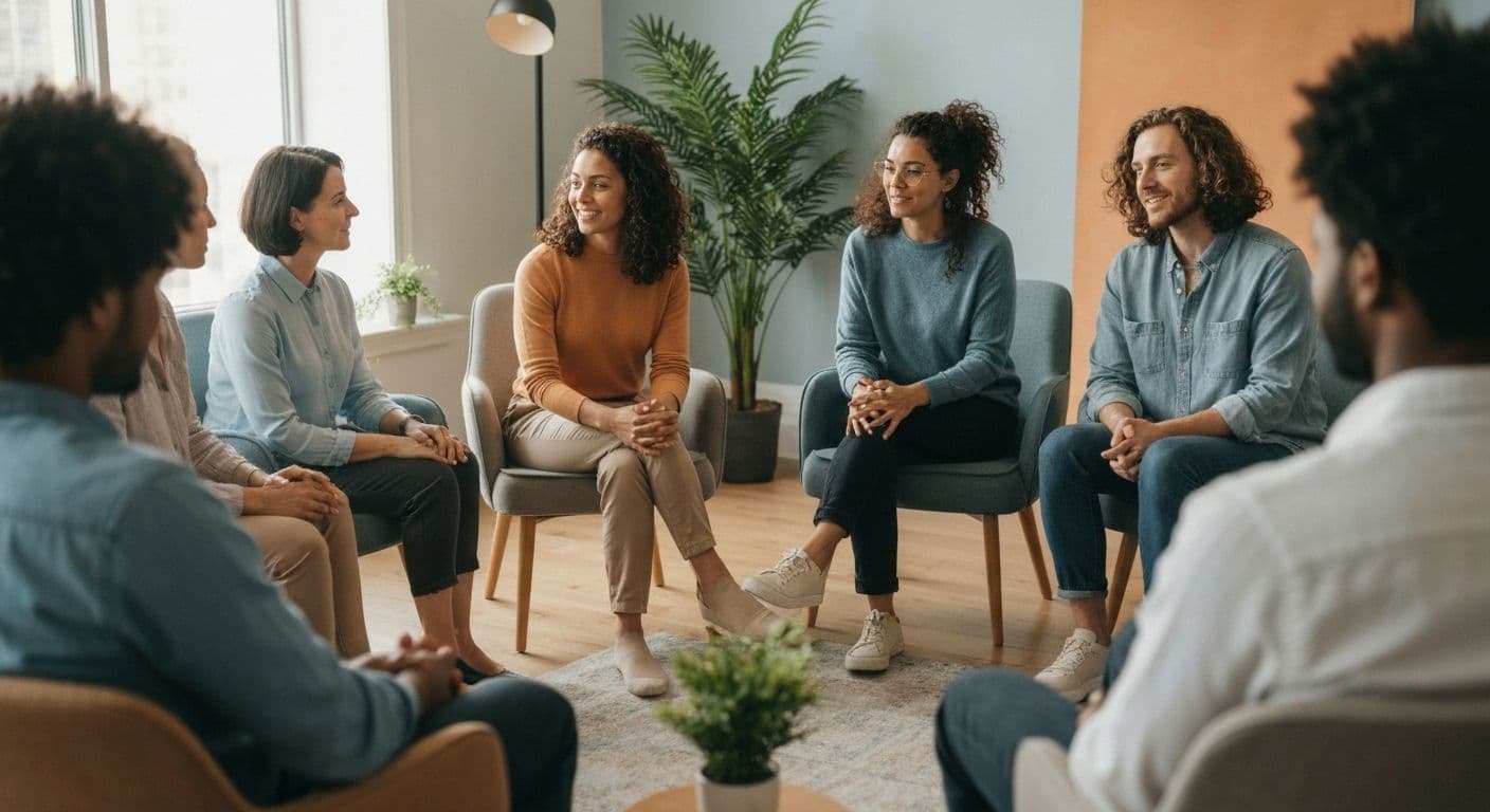 Group facilitator leading an engaging self awareness group session with participants in a circle