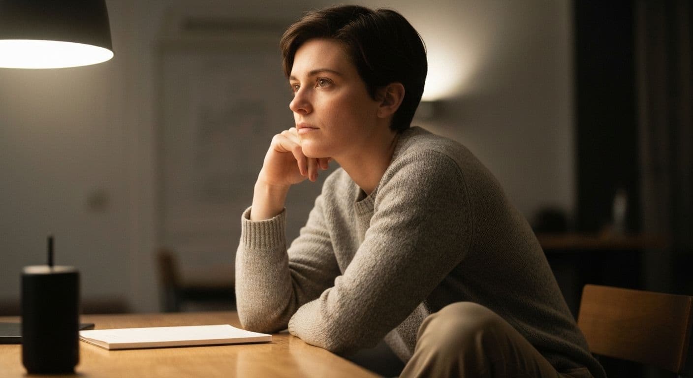 Person putting down phone after reading LDR breakup Reddit threads, choosing active healing over passive scrolling