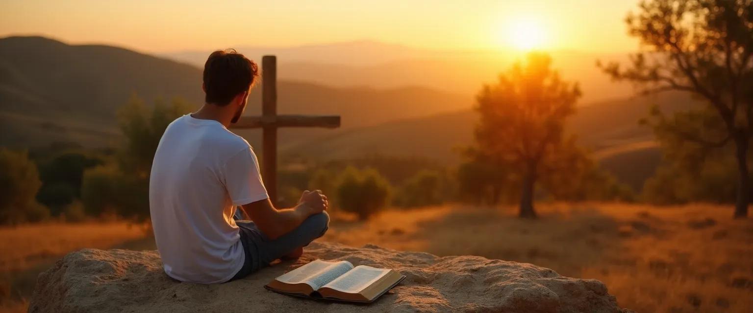 Woman practicing Christian mindfulness meditation with Bible and journal