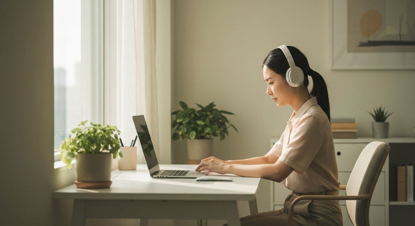 Remote worker using mindfulness coach app for stress management and work-life balance at home office