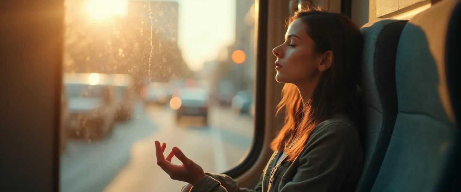 Person practicing mindfulness with reflection during their daily commute on public transportation