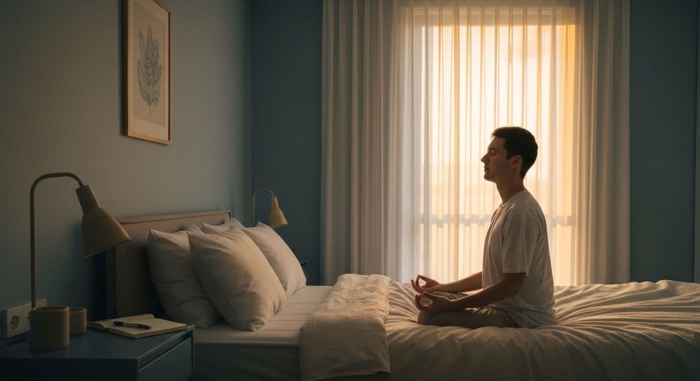Person practicing mind clearing techniques in bed for better sleep quality