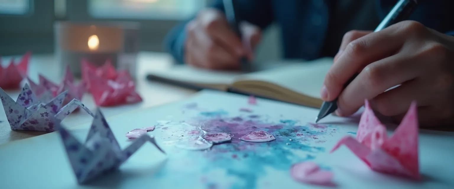 Person writing short stories about heartbreak in a notebook with a cup of tea