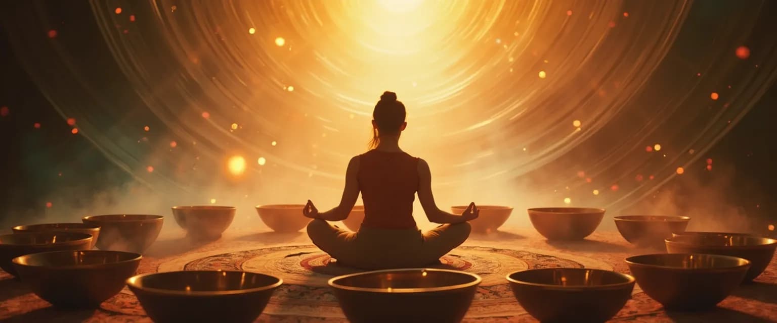 Person experiencing deep calm during sound bath meditation with singing bowls